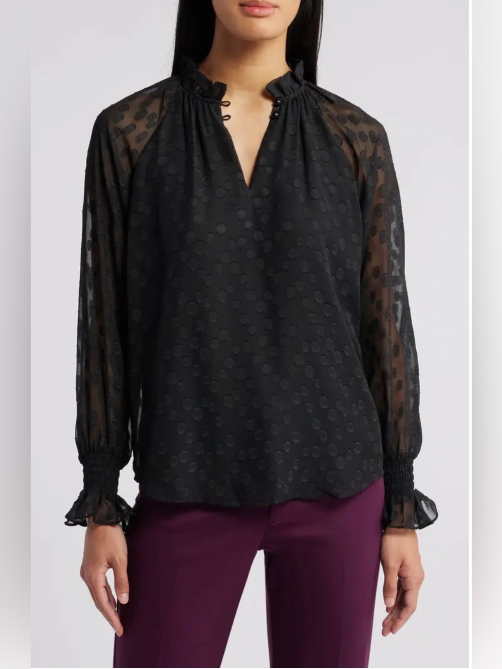 NWT Anne Klein Women's Neck Ruffle Trim Dot Printed Blouse, from Nordstrom